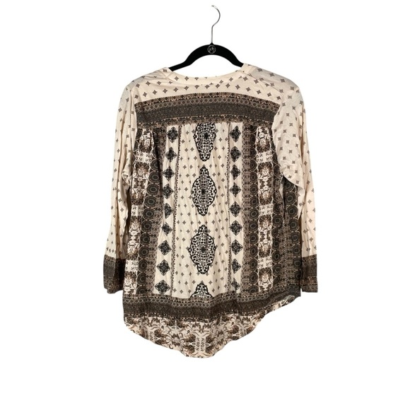 Lucky Brand Boho Print Peasant Blouse Size L Beige Black Long Sleeve Cotton - Picture 6 of 6